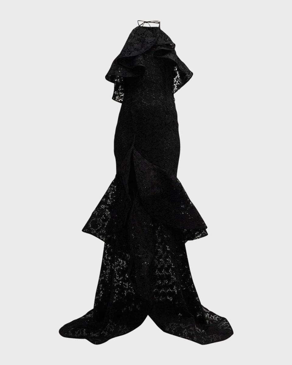 Tiered Ruffle Gardenia Guipure Halter Mermaid Gown